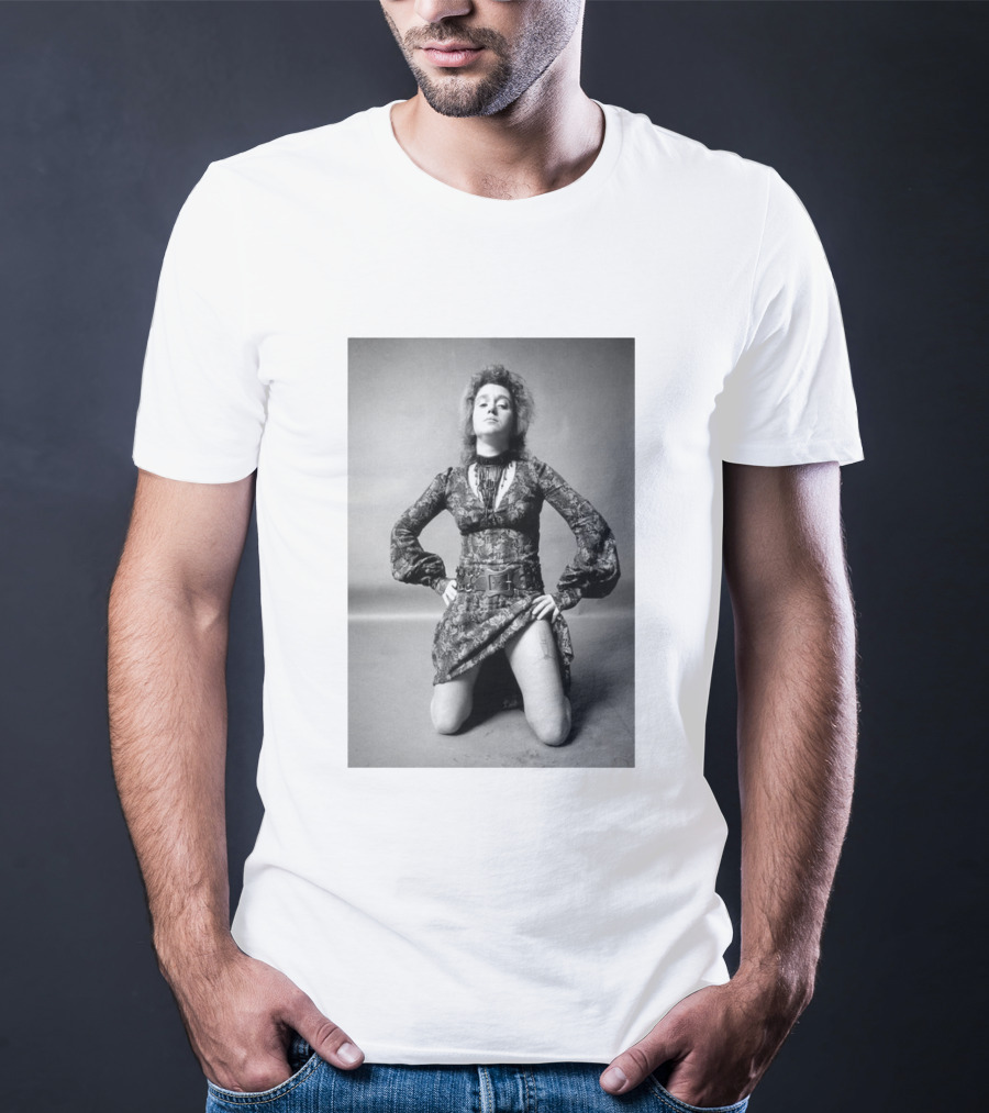 Valie Export Iconic Performance Tribute Kneeling Image With Patterned Dress And Belt T-Shirt