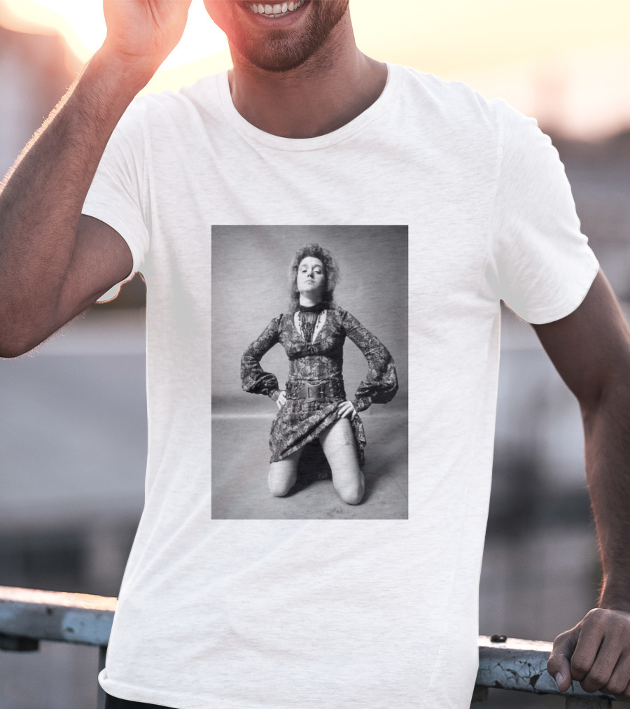 Valie Export Iconic Performance Tribute Kneeling Image With Patterned Dress And Belt T-Shirt