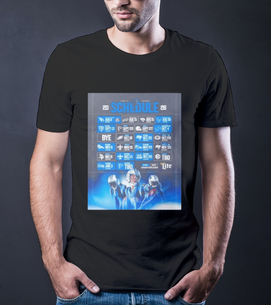 Carolina Panthers 2026 Game Schedule With Player Imagery And Opponent Logos T-Shirt