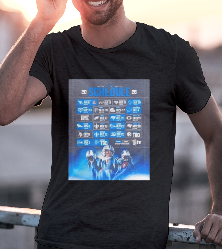 Carolina Panthers 2026 Game Schedule With Player Imagery And Opponent Logos T-Shirt