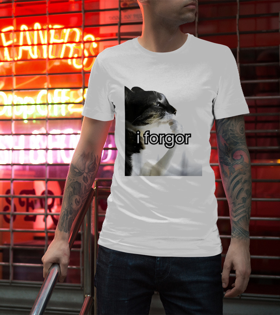 Cat I Forgor Meme Digital Image Paw Licking Pensive Moment T-Shirt