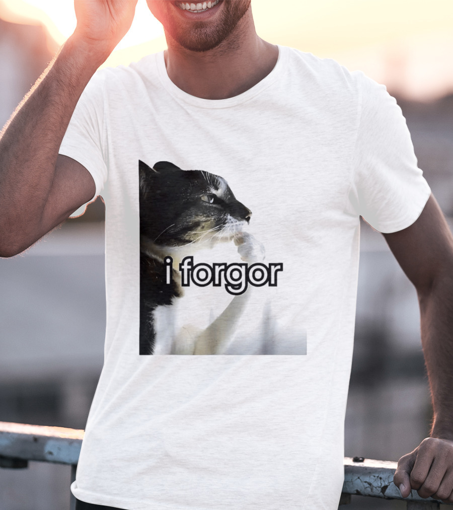 Cat I Forgor Meme Digital Image Paw Licking Pensive Moment T-Shirt