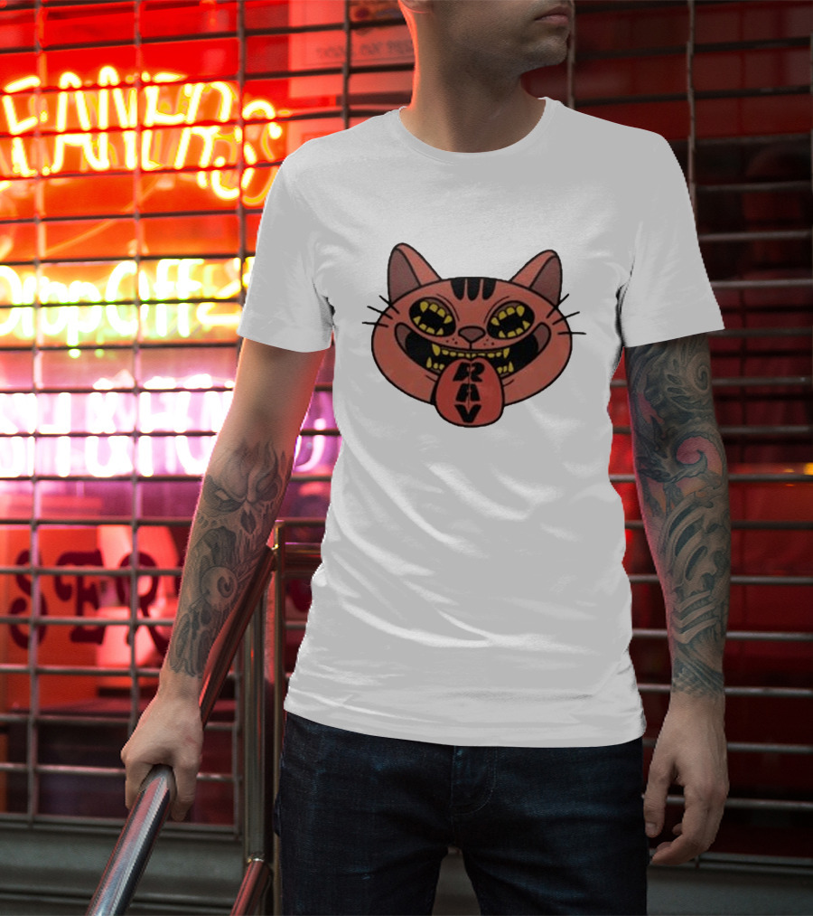 Exociety Rav Cat Tongue Out Face Graphic Urban Streetwear T-Shirt