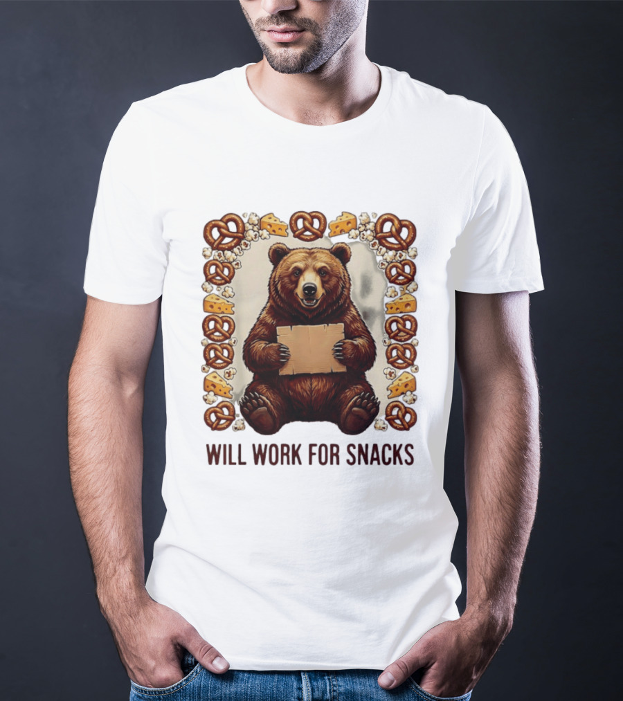 Bear Holding Cardboard Surrounded By Pretzels Cheese Popcorn Will Work For Snacks T-Shirt
