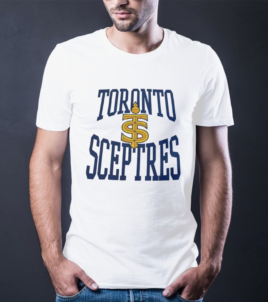 Toronto Sceptres Sports Team Logo Icon With Gold Emblem And Blue T-Shirt
