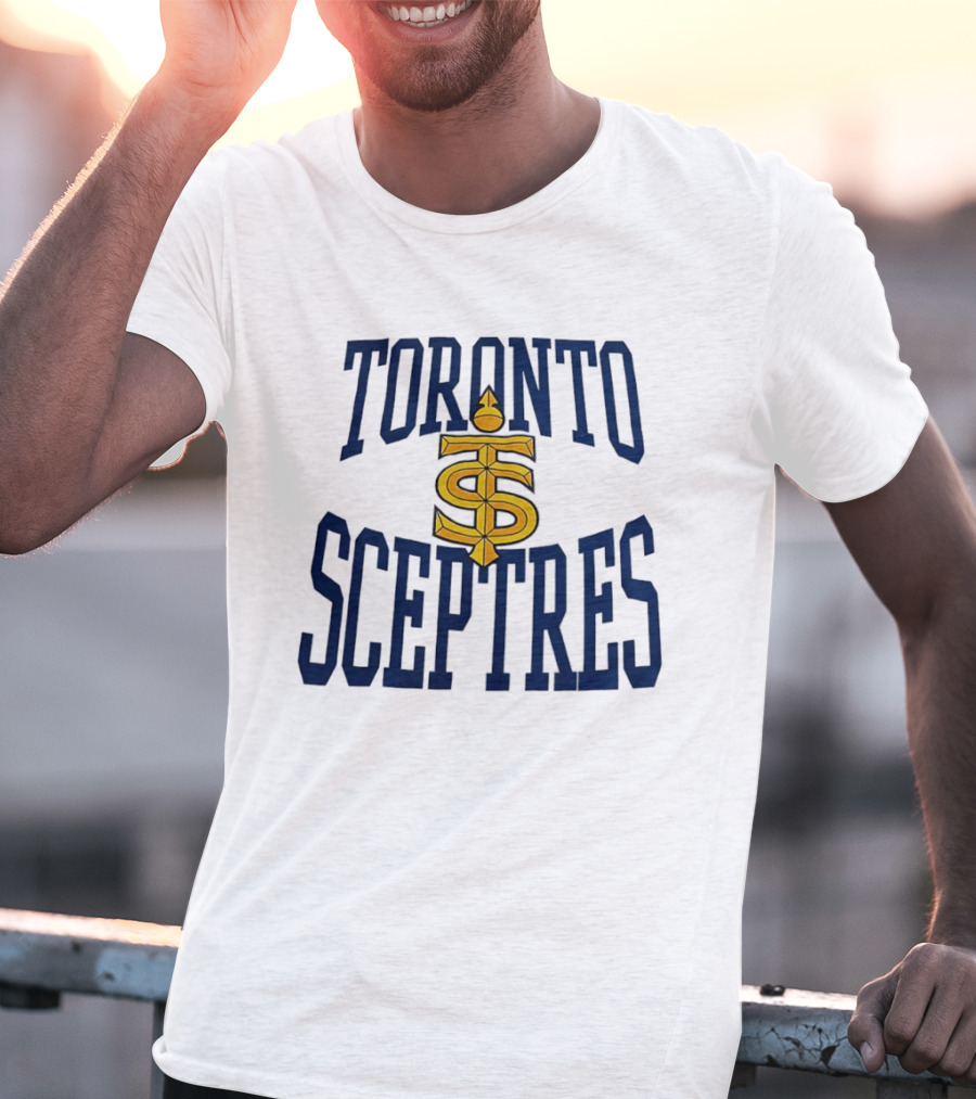 Toronto Sceptres Sports Team Logo Icon With Gold Emblem And Blue T-Shirt