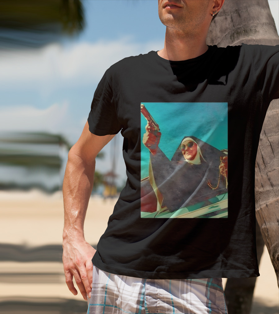 Nun In Black Habit Leaning Out Lowrider With Gun And Rosary T-Shirt