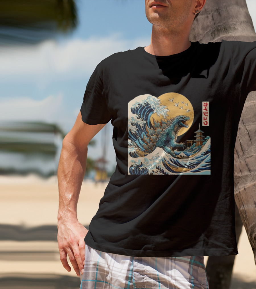 Kaiju Wave Monster Japanese Kawaki Kanji Pagoda Ukiyo E T-Shirt