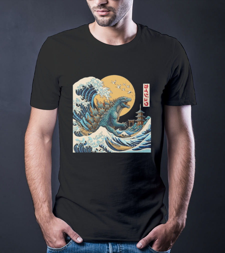 Kaiju Wave Monster Japanese Kawaki Kanji Pagoda Ukiyo E T-Shirt
