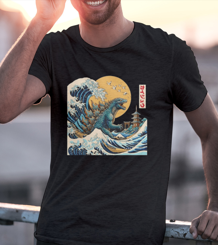 Kaiju Wave Monster Japanese Kawaki Kanji Pagoda Ukiyo E T-Shirt