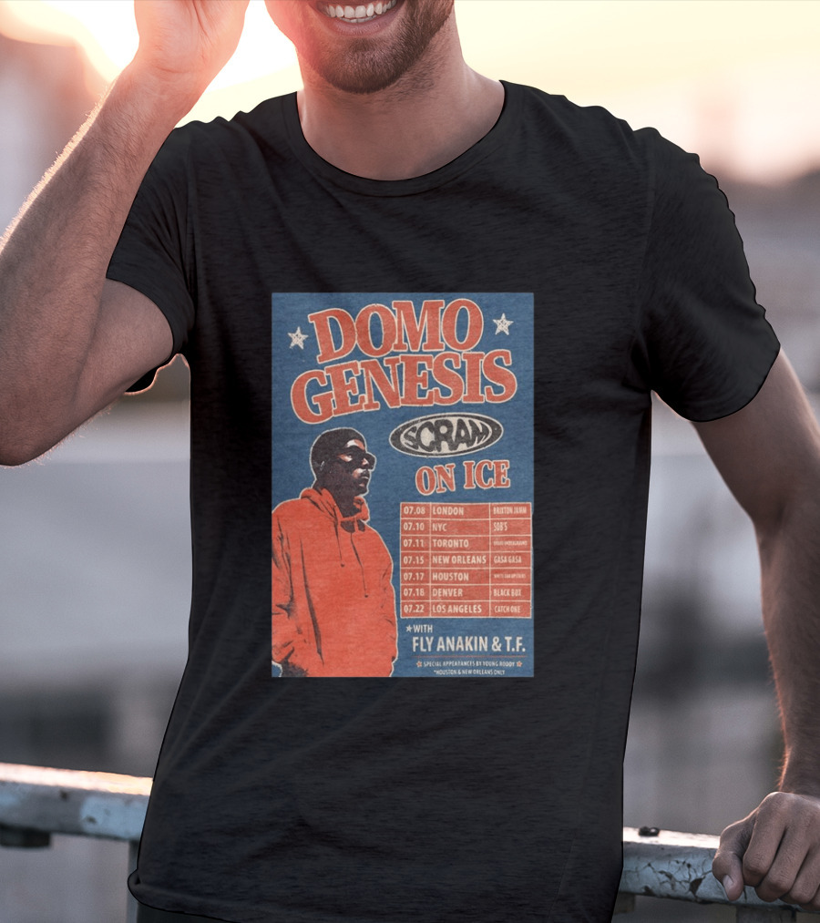 Domo Genesis Scram On Ice World Tour 2026 With Fly Anakin And T.F. London NYC Toronto New Orleans Houston Denver Los Angeles T-Shirt