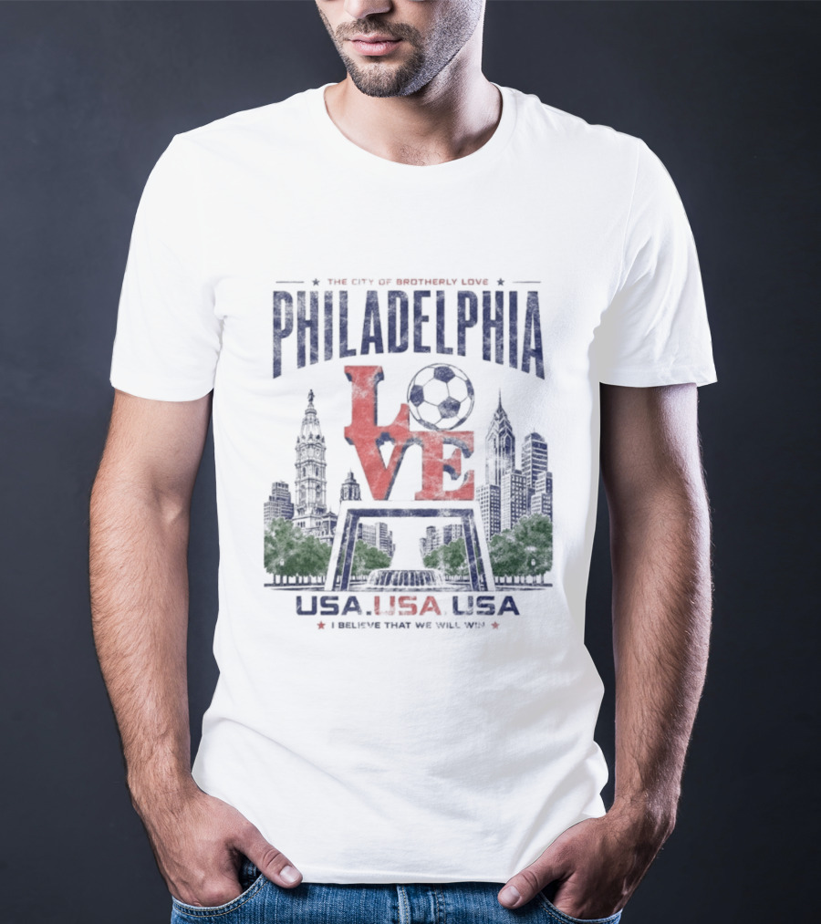 Philadelphia Pennsylvania Love Soccer Skyline USA Patriotic Distressed T-Shirt
