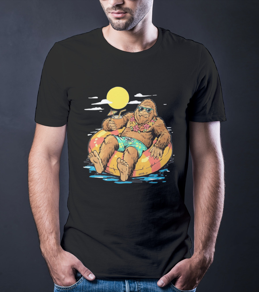 Bigfoot Lounging With A Cocktail In Tropical Beach Getaway Scene T-Shirt