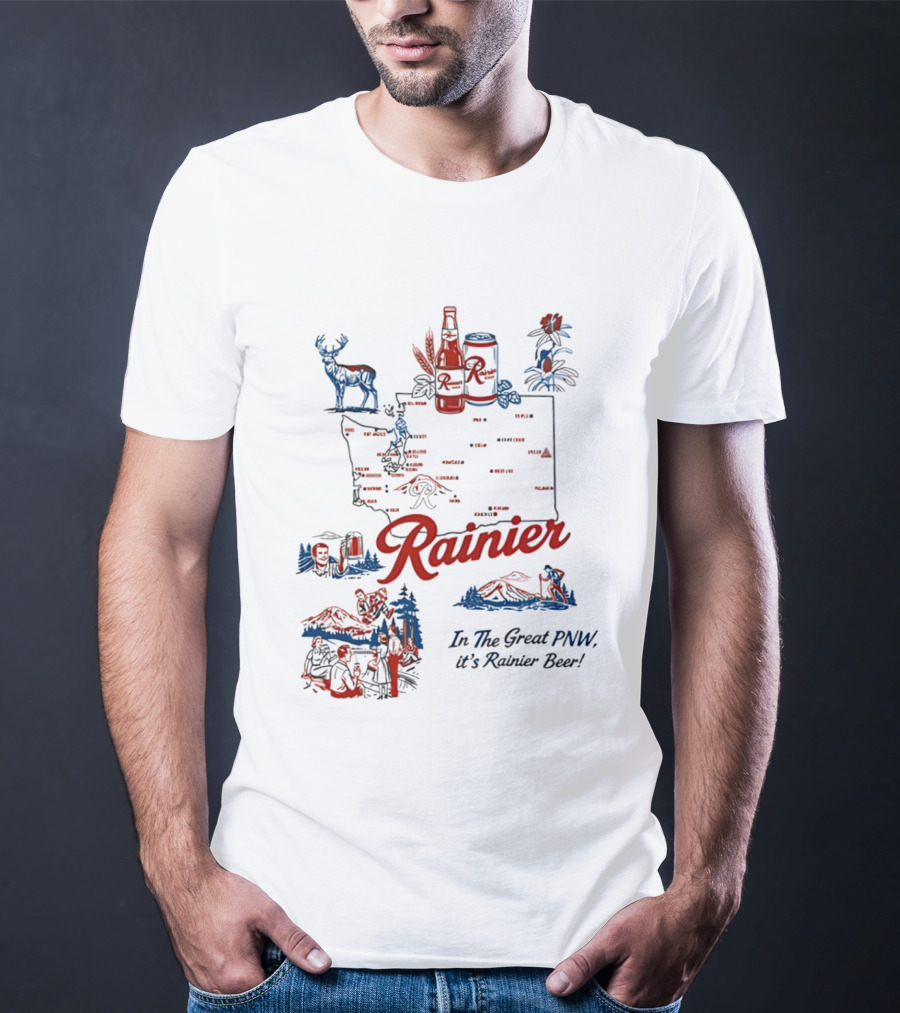 Rainier Beer In The Great PNW Rainier Beer Doodle Washington State Map Wilderness Scene T-Shirt