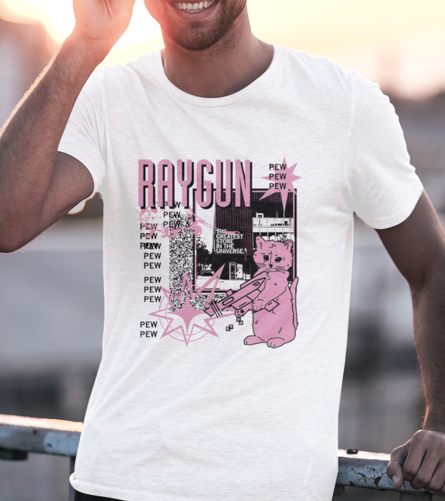 RAYGUN Cat Pew Pew Sci Fi Retro Feline Blaster Adventure T-Shirt