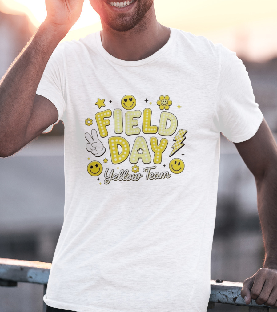 Field Day Yellow Team Smiley Faces Peace Sign Stars And Lightning Bolt T-Shirt