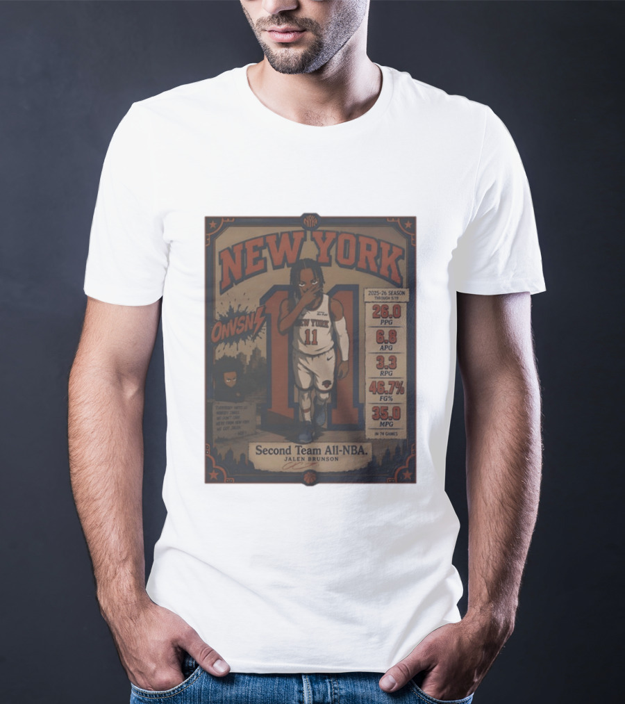 New York Knicks Jalen Brunson Second Team All NBA 2025 26 Season Stats And Animation T-Shirt