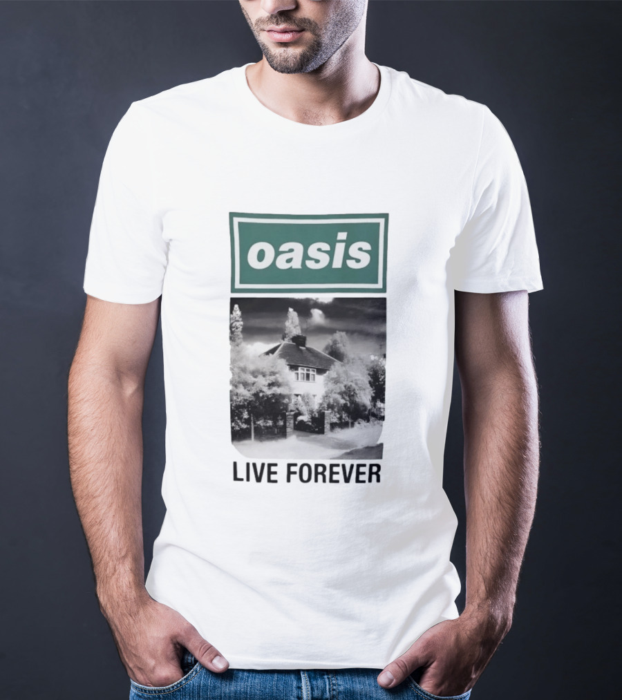 Oasis Live Forever Black And White House Image T-Shirt