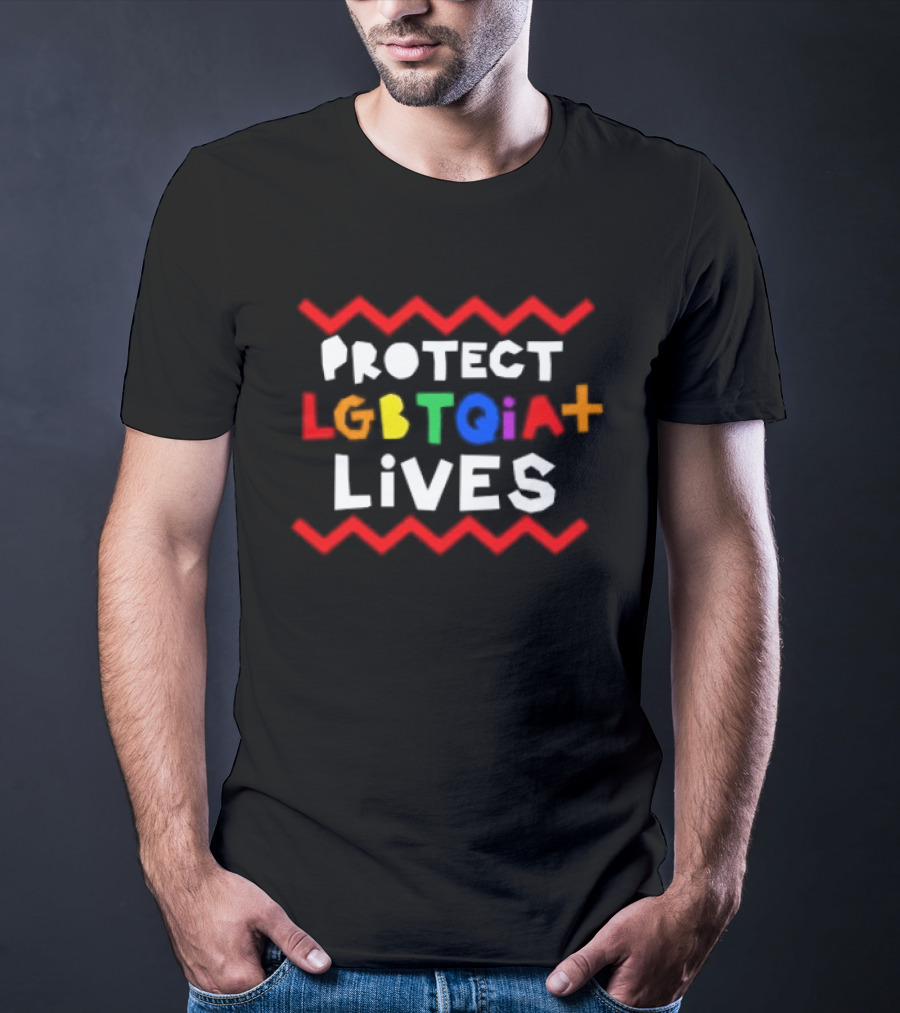 Protect LGBTQIA+ Lives Rainbow Letters With Red Zigzag Lines T-Shirt