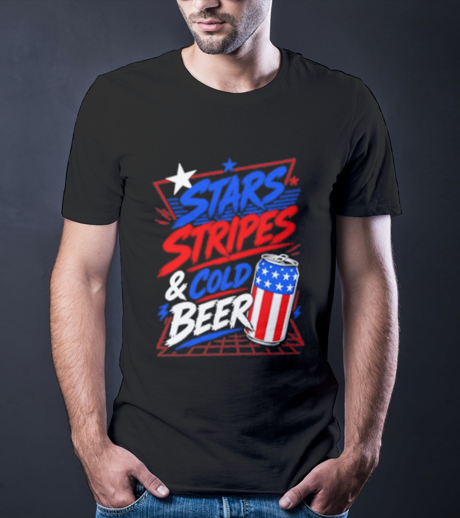 Stars Stripes And Cold Beer American Flag Can Patriotic Celebration T-Shirt