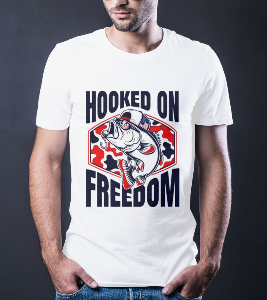 Hooked On Freedom Patriotic Fish Camo Hat T-Shirt