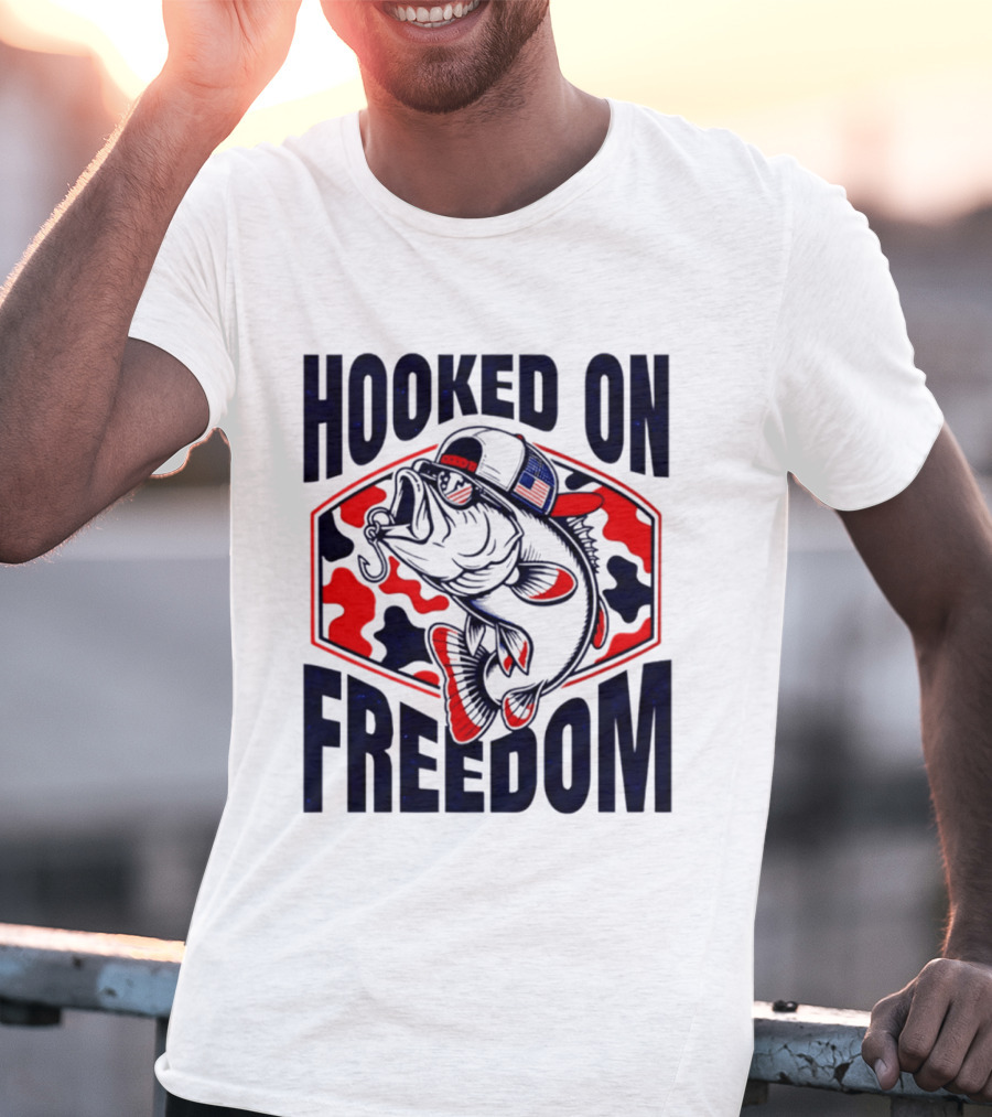 Hooked On Freedom Patriotic Fish Camo Hat T-Shirt