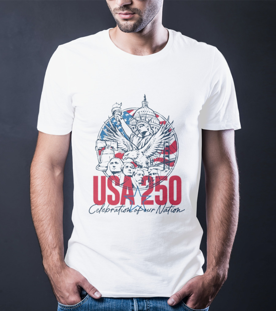 USA 250 Celebration Of Our Nation Symbols Liberty Capitol Eagle Mount Rushmore T-Shirt