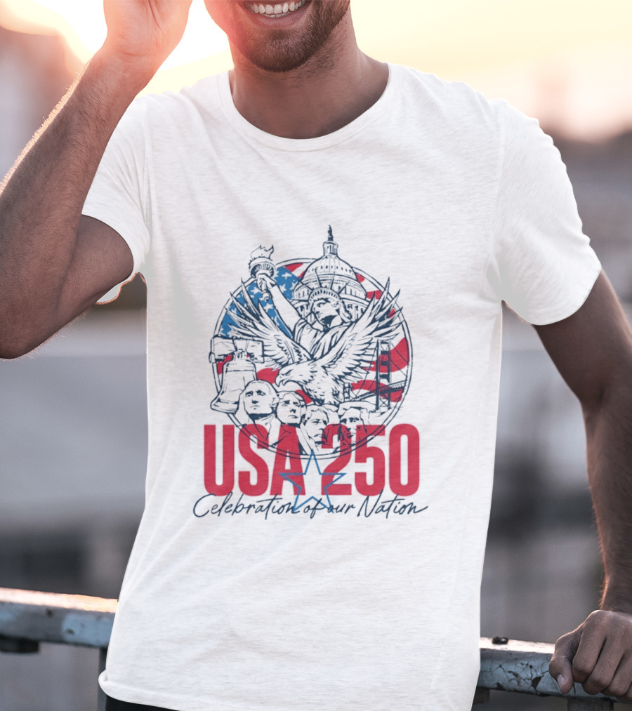 USA 250 Celebration Of Our Nation Symbols Liberty Capitol Eagle Mount Rushmore T-Shirt