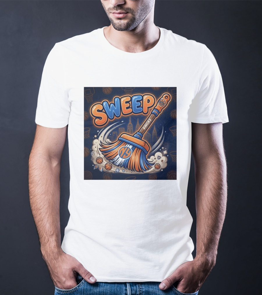 New York Knicks Sweep East Champs Basketball Skyline Broom T-Shirt