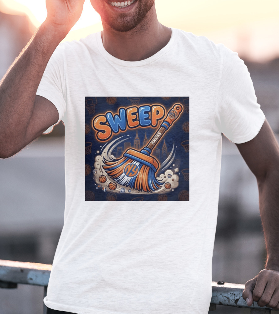 New York Knicks Sweep East Champs Basketball Skyline Broom T-Shirt