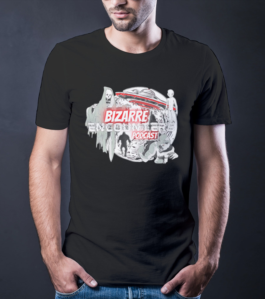 Bizarre Encounters Podcast UFO Aliens Skeletons Paranormal Illustrations T-Shirt