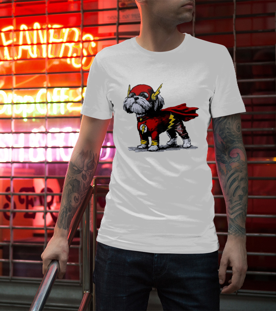 Shih Tzu Dog In The Flash Superhero Costume With Lightning Bolt T-Shirt