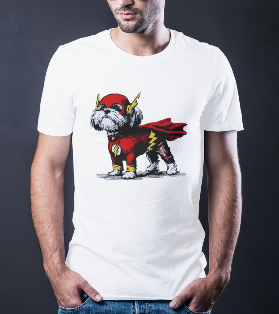Shih Tzu Dog In The Flash Superhero Costume With Lightning Bolt T-Shirt