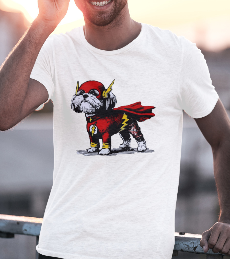 Shih Tzu Dog In The Flash Superhero Costume With Lightning Bolt T-Shirt