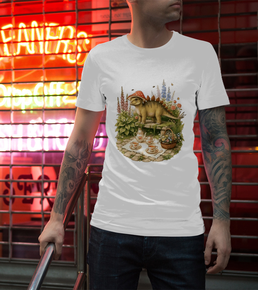 Baby Stegosaurus Wearing Red Mushroom Hat With Vintage Tea Party Garden Scene T-Shirt