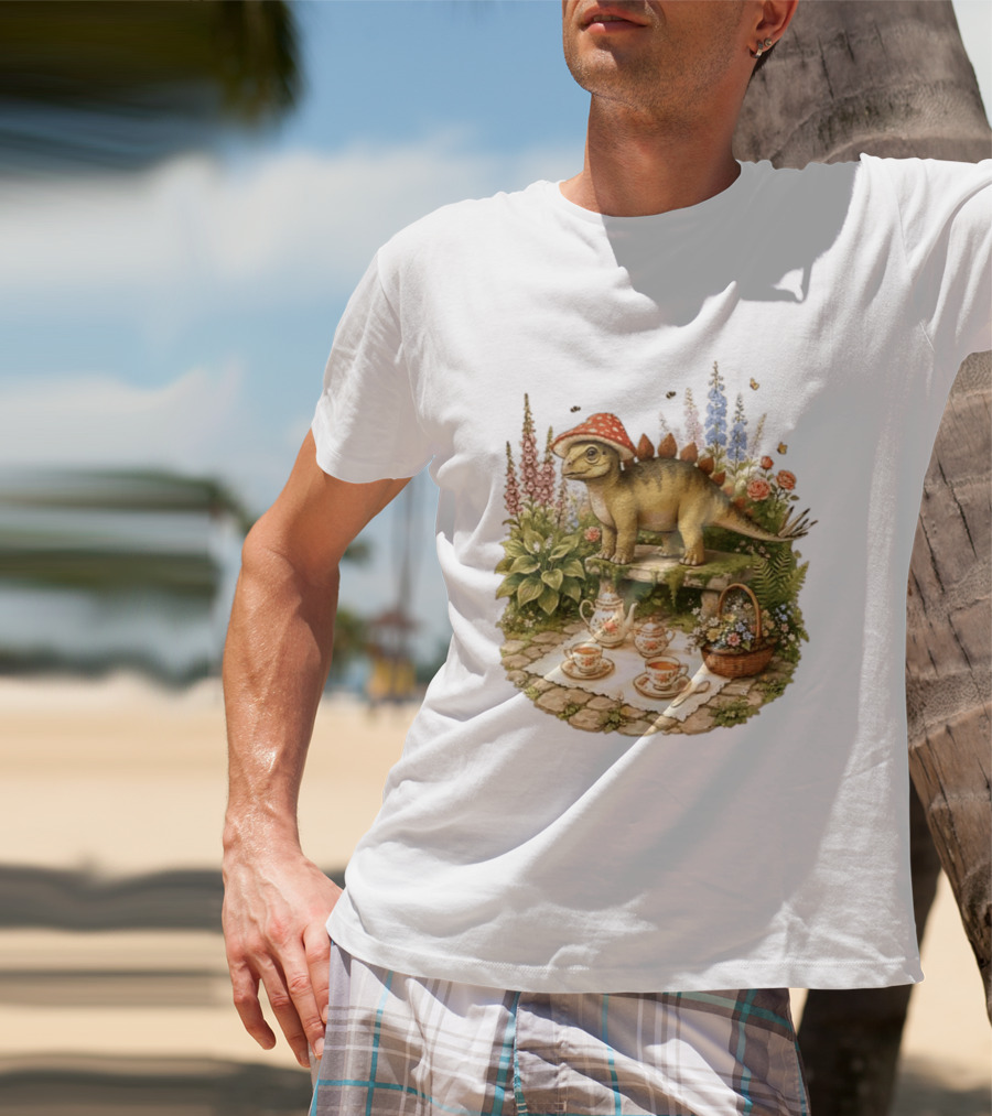 Baby Stegosaurus Wearing Red Mushroom Hat With Vintage Tea Party Garden Scene T-Shirt