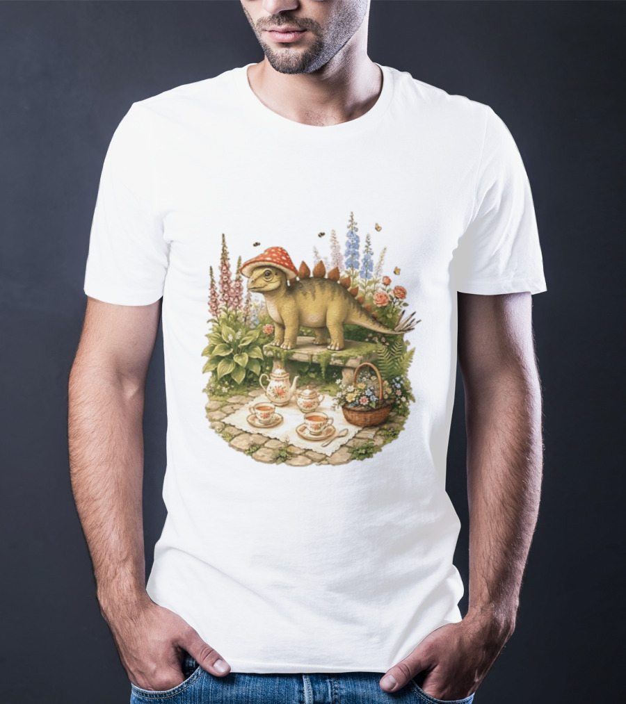 Baby Stegosaurus Wearing Red Mushroom Hat With Vintage Tea Party Garden Scene T-Shirt