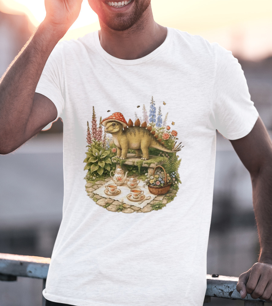Baby Stegosaurus Wearing Red Mushroom Hat With Vintage Tea Party Garden Scene T-Shirt