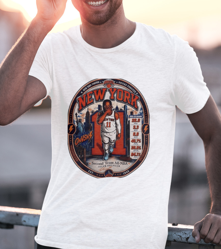 New York Knicks Jalen Brunson Second Team All NBA 2025 26 Season Stats T-Shirt