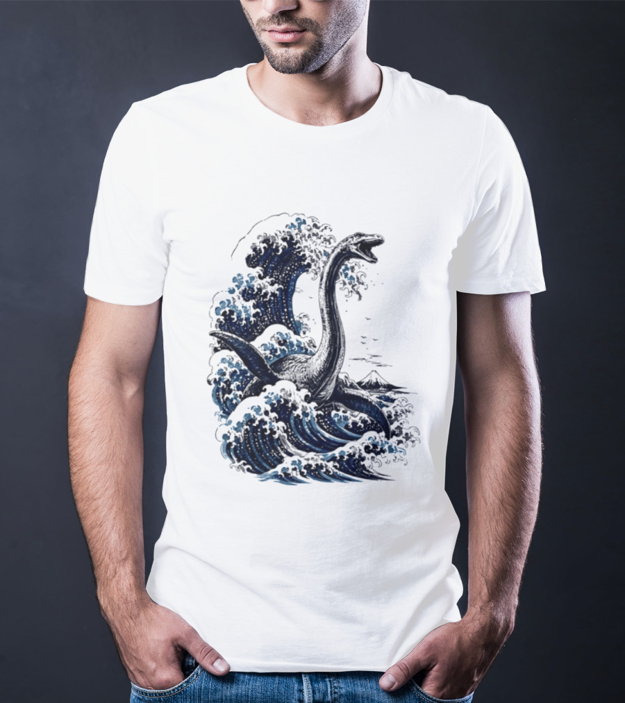 Great Wave Off Kanagawa Loch Ness Monster Mount Fuji Fusion T-Shirt