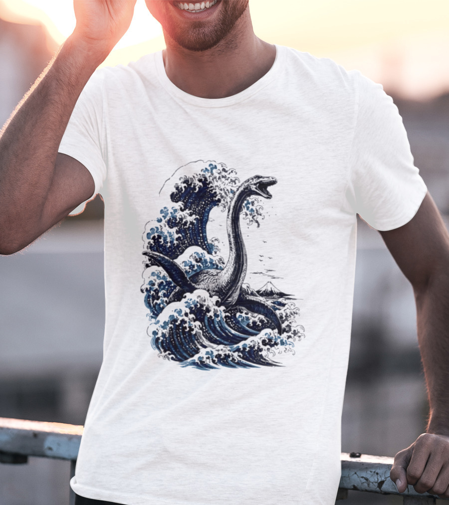 Great Wave Off Kanagawa Loch Ness Monster Mount Fuji Fusion T-Shirt