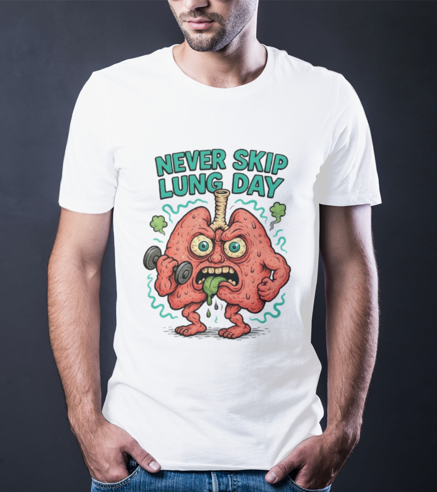 Never Skip Lung Day Funny Fitness Cartoon Lungs Lifting Weights T-Shirt