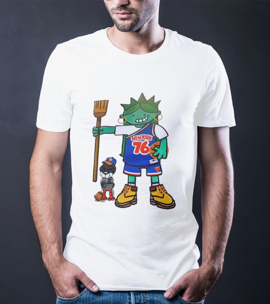 New York 76 Knicks Statue Liberty Broom Basketball 2024 T-Shirt