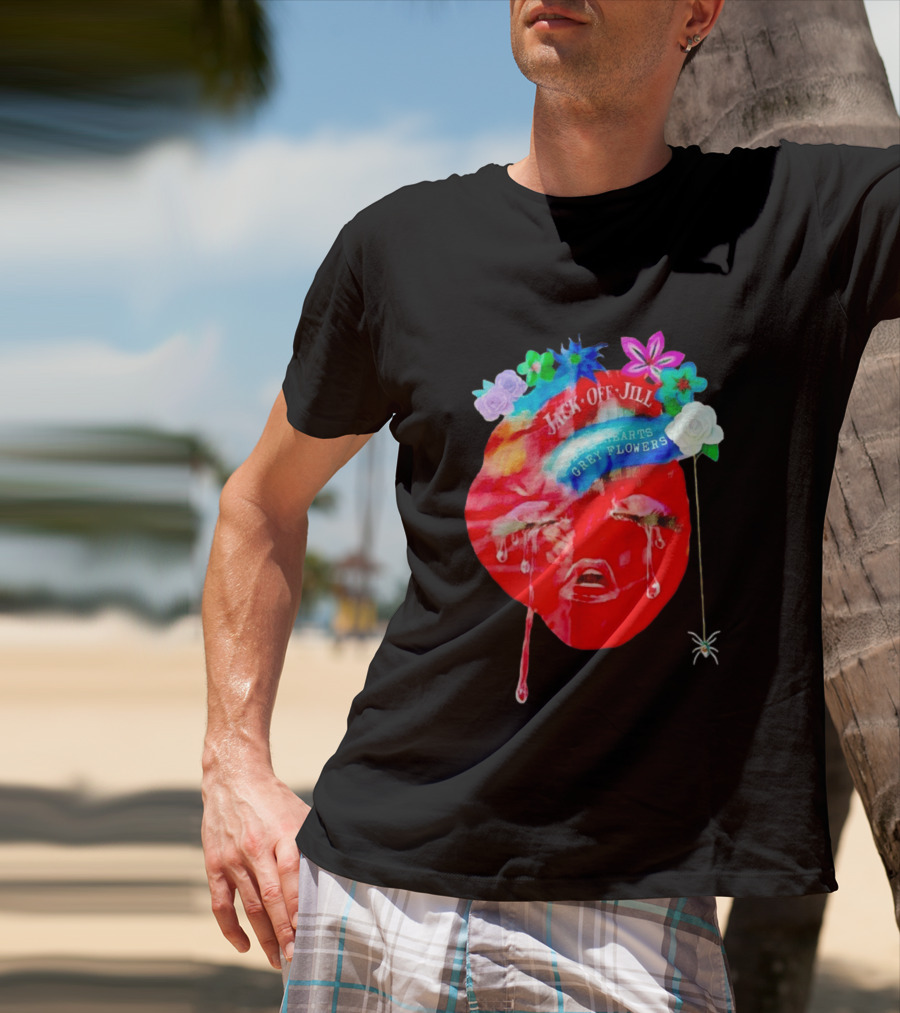 Jack Off Jill Clear Hearts Grey Flowers Crying Face With Colorful Floral Accents T-Shirt