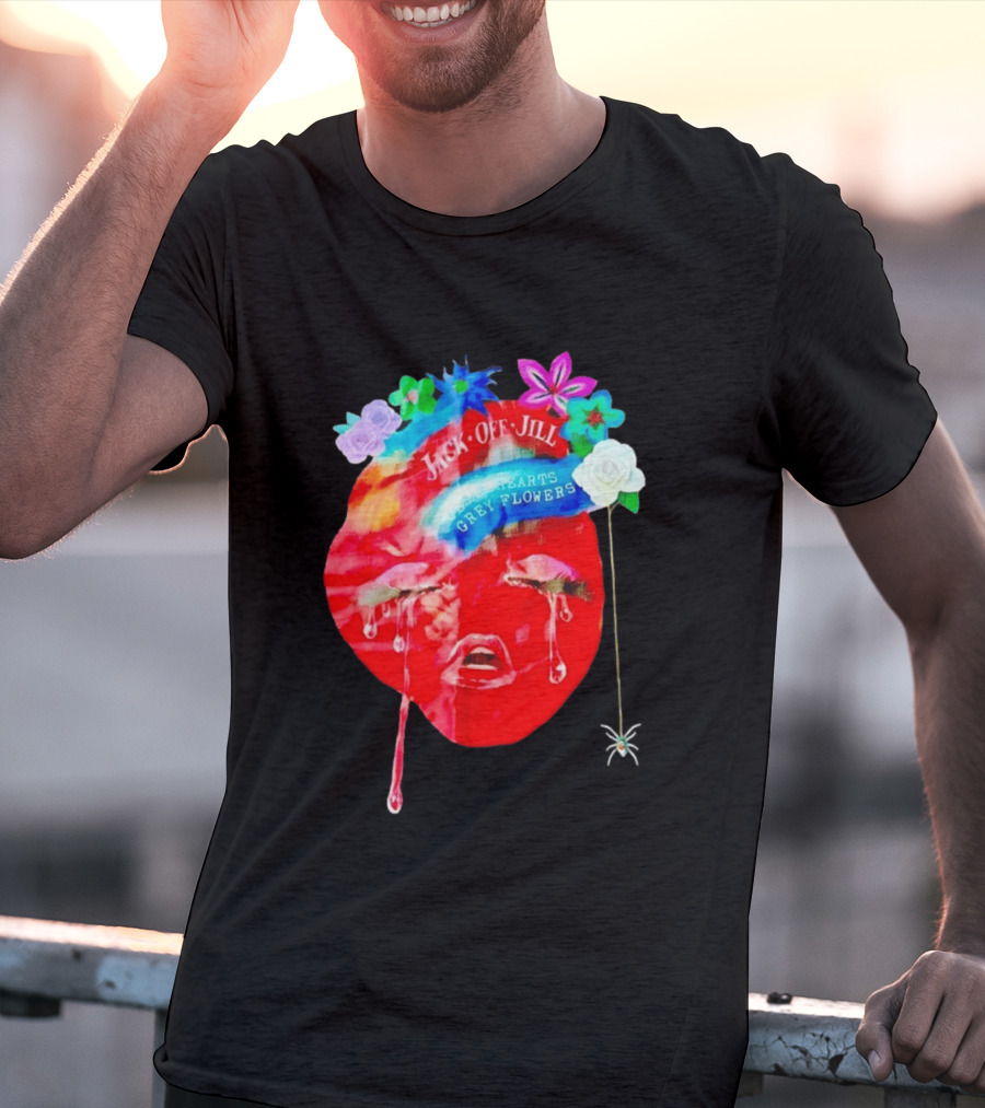 Jack Off Jill Clear Hearts Grey Flowers Crying Face With Colorful Floral Accents T-Shirt