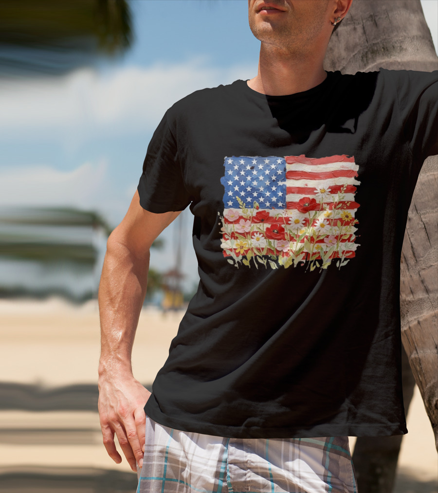 Floral American Flag With Impasto Texture And Flowers T-Shirt