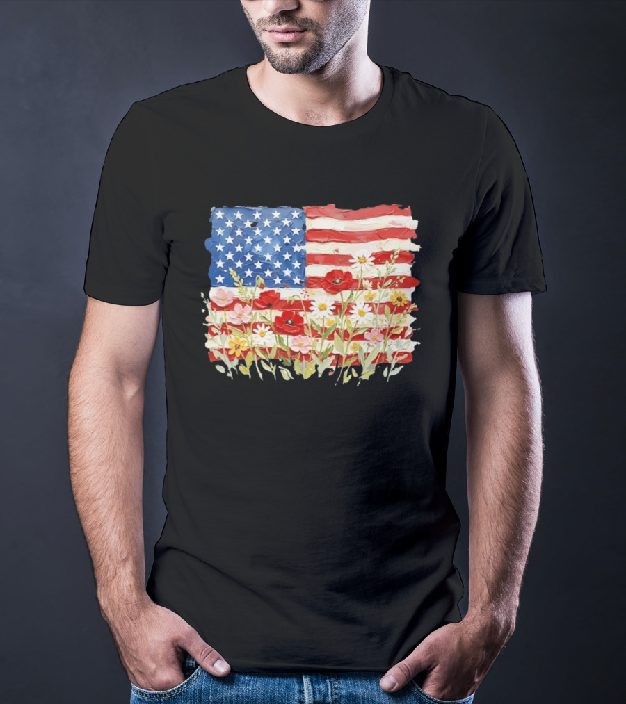 Floral American Flag With Impasto Texture And Flowers T-Shirt