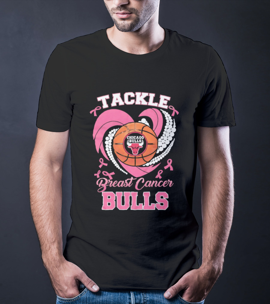 Tackle Breast Cancer Bulls Heart Pink Ribbons T-Shirt