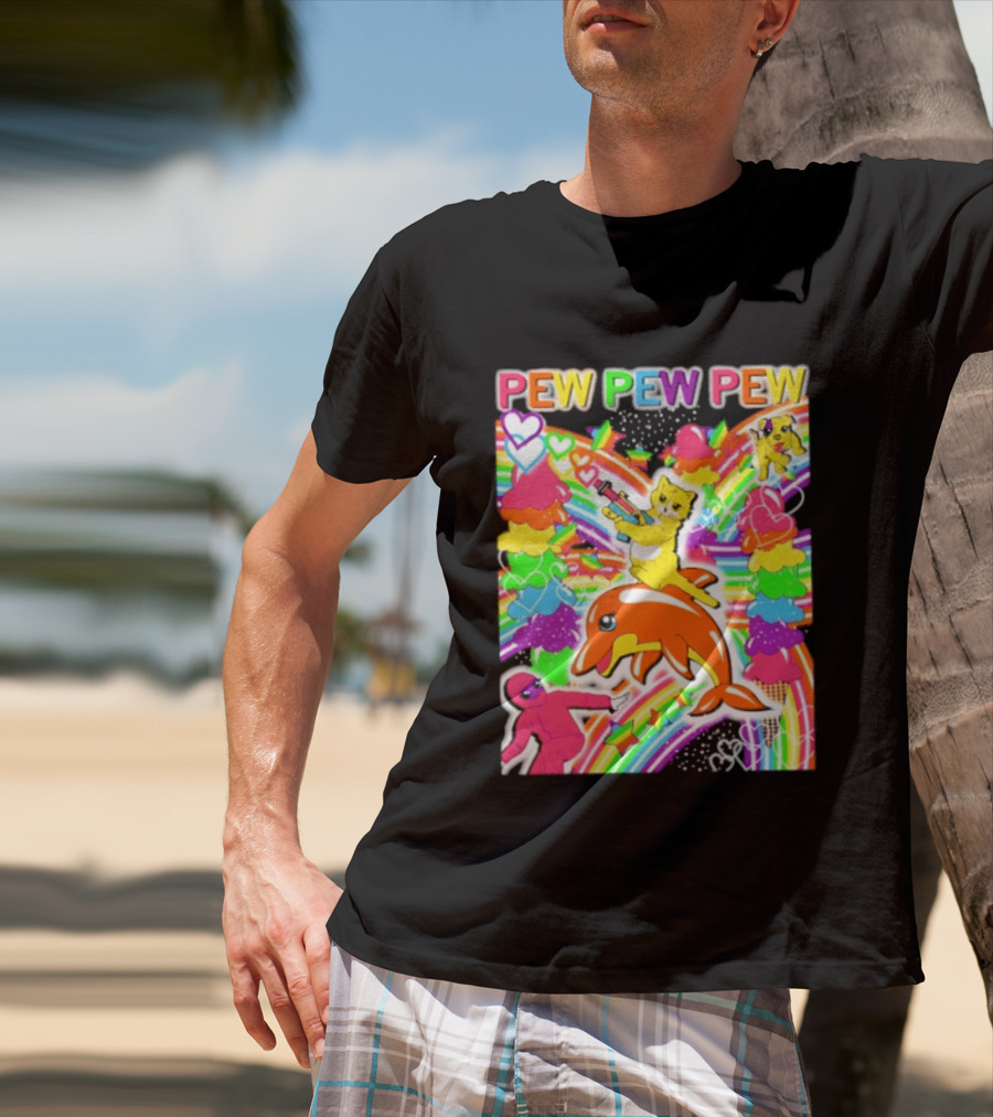 Pew Pew Pew Rainbow Pride Fun With Colorful Dolphins And Hearts T-Shirt