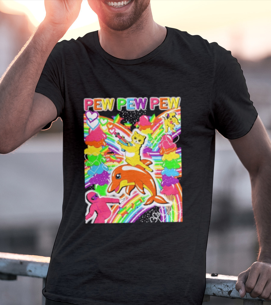 Pew Pew Pew Rainbow Pride Fun With Colorful Dolphins And Hearts T-Shirt